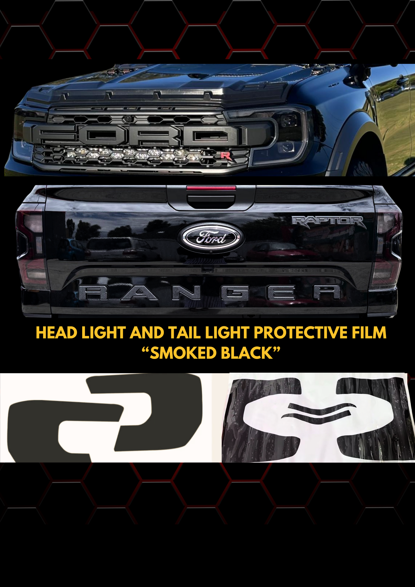 "Smoked" Headlight and Tail Light Trim Package - Ford Ranger and Raptor 2022-2025